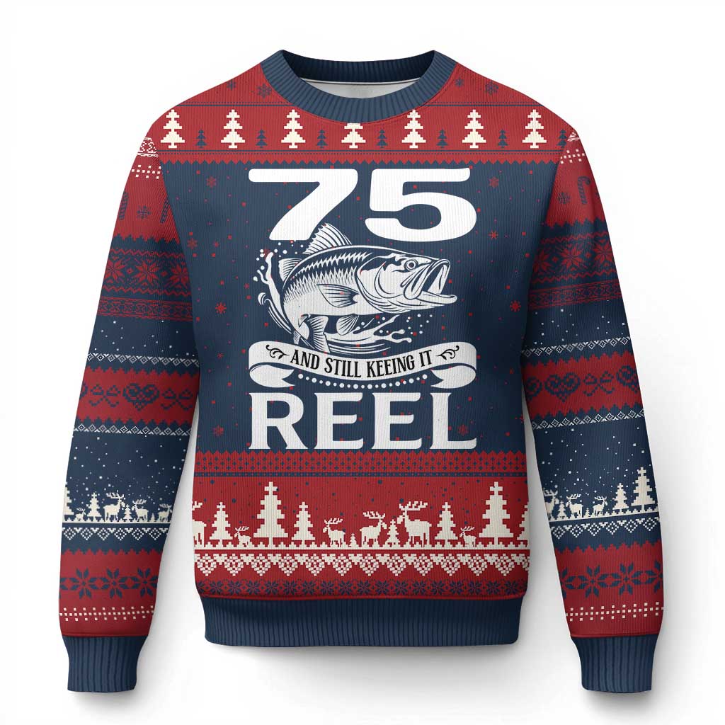 Still Keeping It Reel At 75 Ugly Christmas Sweater Fisherman Birthday Gift TS12 Navy Red Print Your Wear
