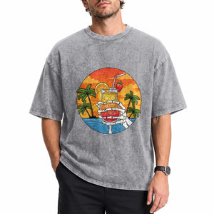 Tropical Skeleton Summerween Washed Cotton T-Shirt Beach Cocktail Vacation