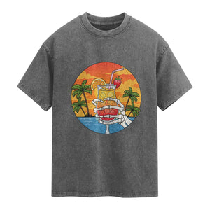 Tropical Skeleton Summerween Washed Cotton T-Shirt Beach Cocktail Vacation