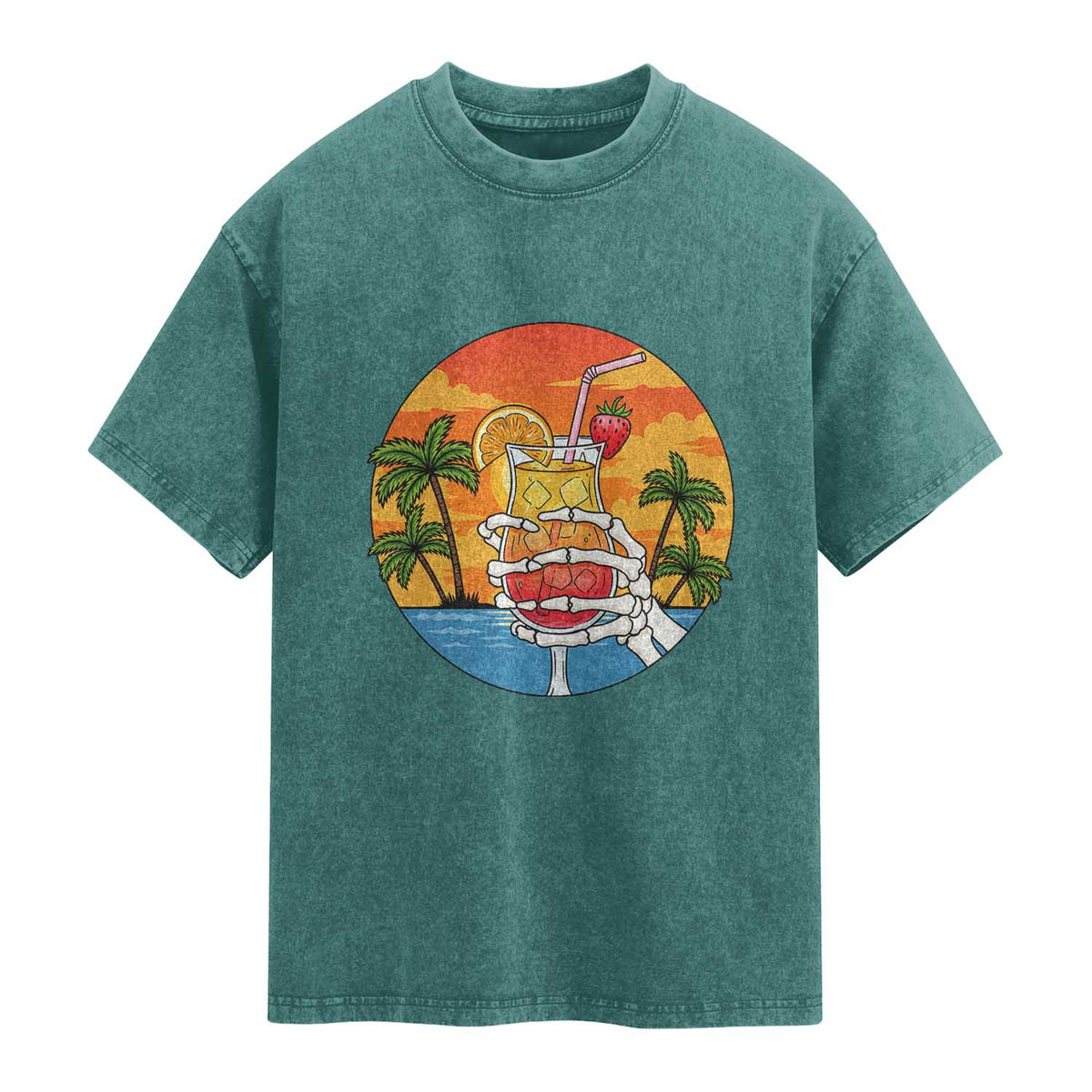 Tropical Skeleton Summerween Washed Cotton T-Shirt Beach Cocktail Vacation