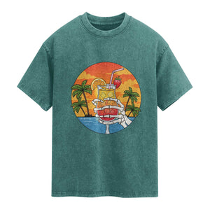 Tropical Skeleton Summerween Washed Cotton T-Shirt Beach Cocktail Vacation
