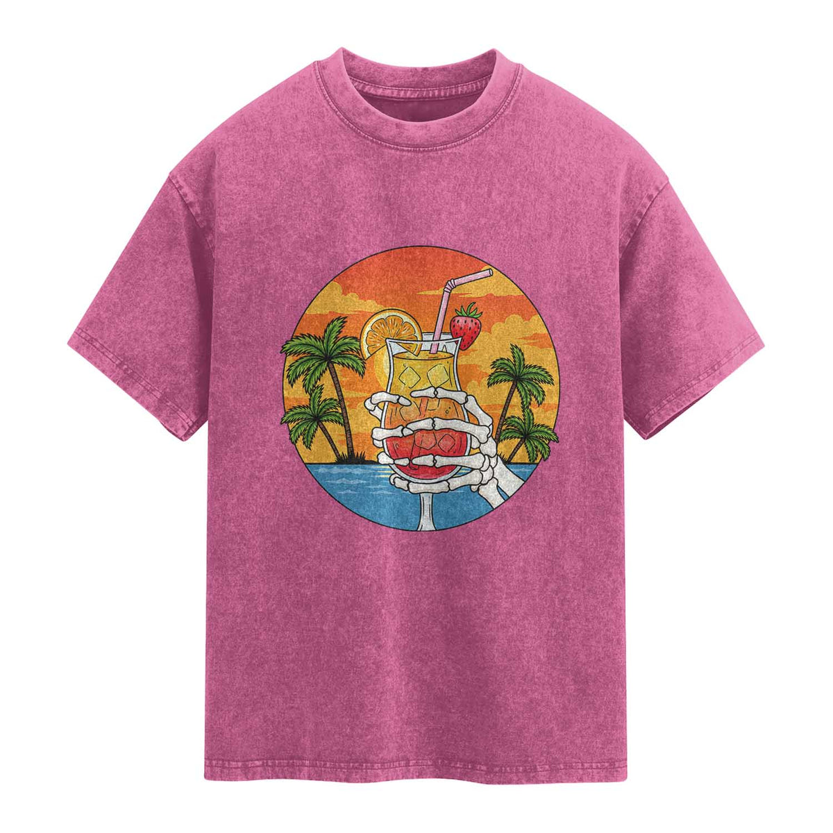 Tropical Skeleton Summerween Washed Cotton T-Shirt Beach Cocktail Vacation