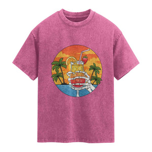 Tropical Skeleton Summerween Washed Cotton T-Shirt Beach Cocktail Vacation