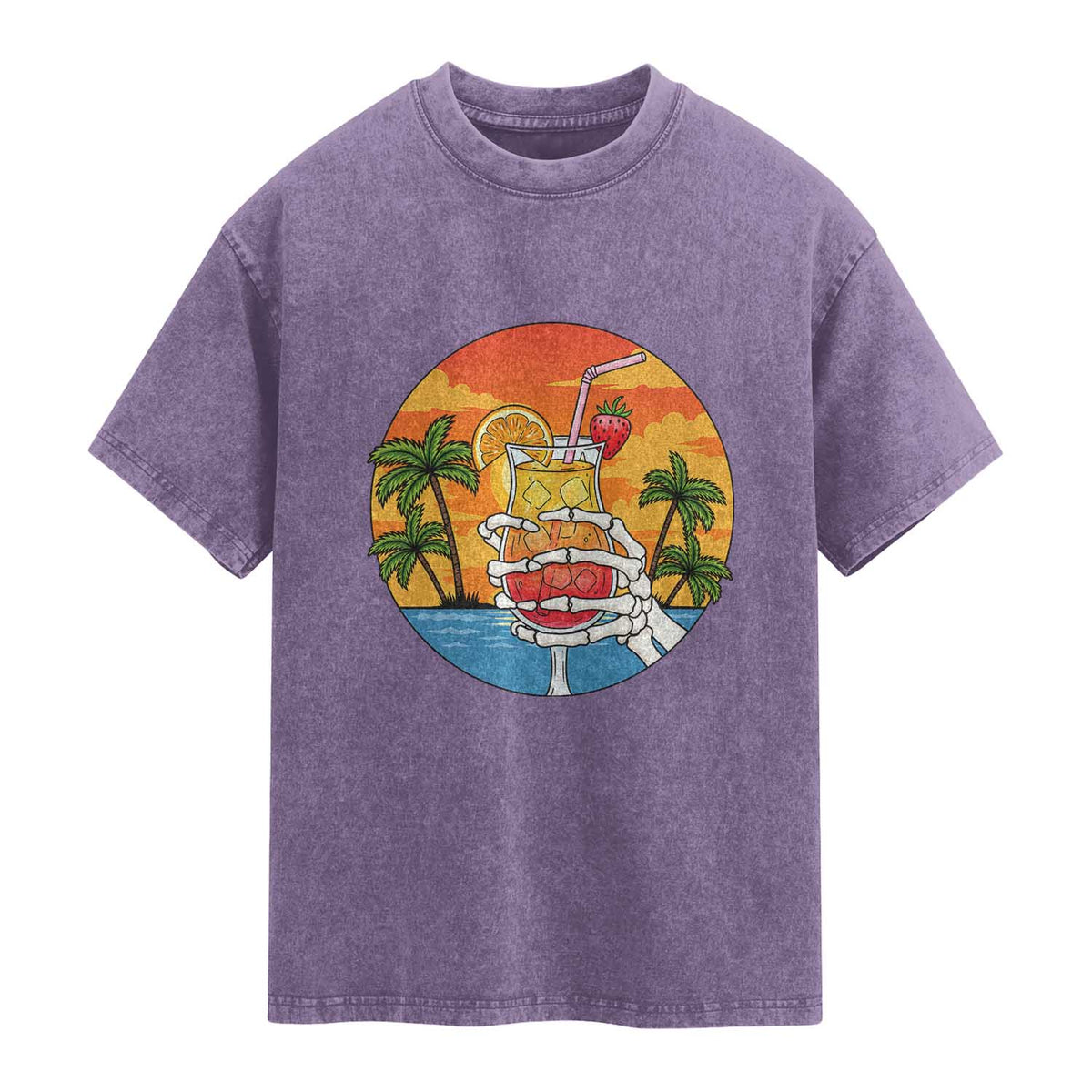 Tropical Skeleton Summerween Washed Cotton T-Shirt Beach Cocktail Vacation