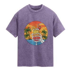 Tropical Skeleton Summerween Washed Cotton T-Shirt Beach Cocktail Vacation