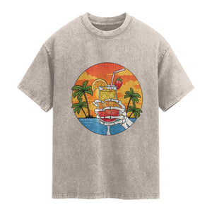 Tropical Skeleton Summerween Washed Cotton T-Shirt Beach Cocktail Vacation