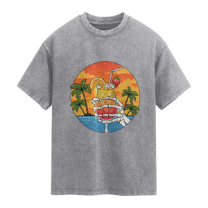 Tropical Skeleton Summerween Washed Cotton T-Shirt Beach Cocktail Vacation