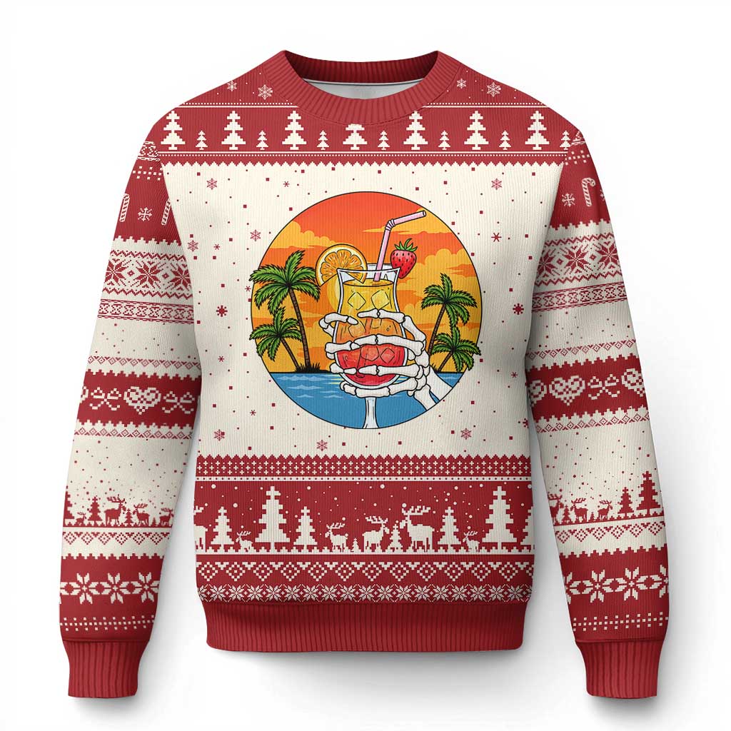 Tropical Skeleton Summerween Ugly Christmas Sweater Beach Cocktail Vacation TS12 Beige Red Print Your Wear