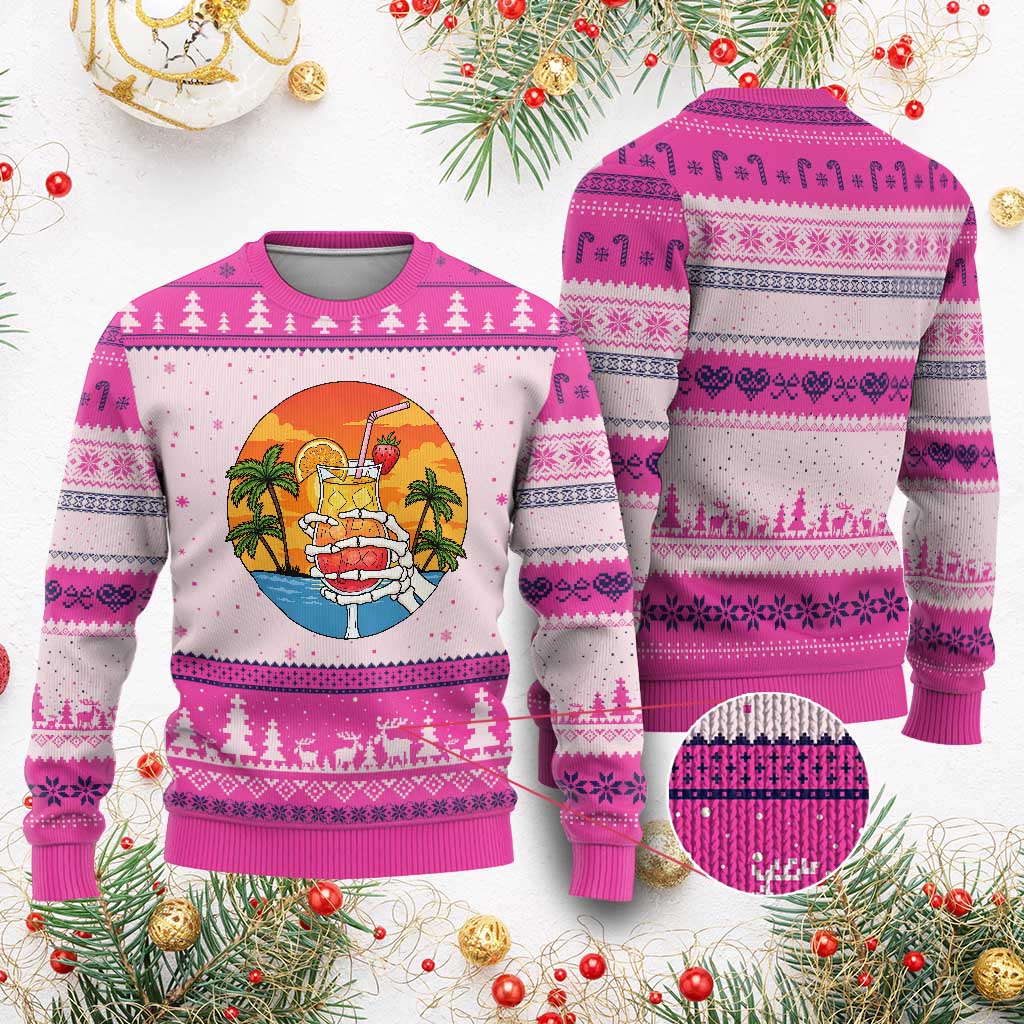 Tropical Skeleton Summerween Ugly Christmas Sweater Beach Cocktail Vacation TS12 Hot Pink Print Your Wear