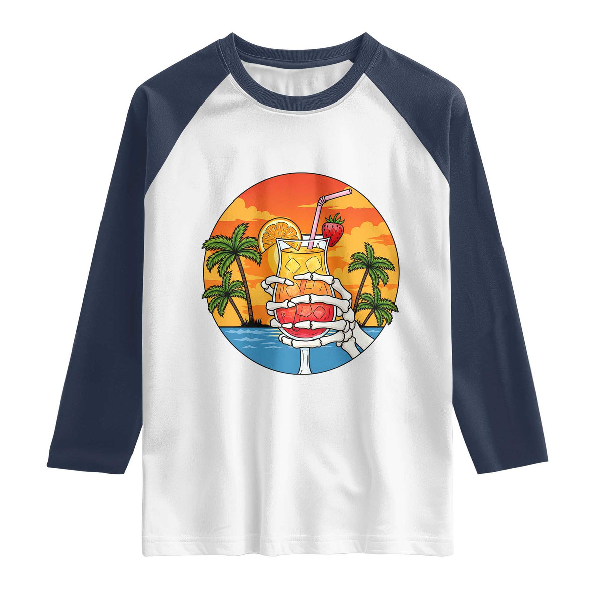Tropical Skeleton Summerween Raglan Shirt Beach Cocktail Vacation TS12 White Navy Print Your Wear