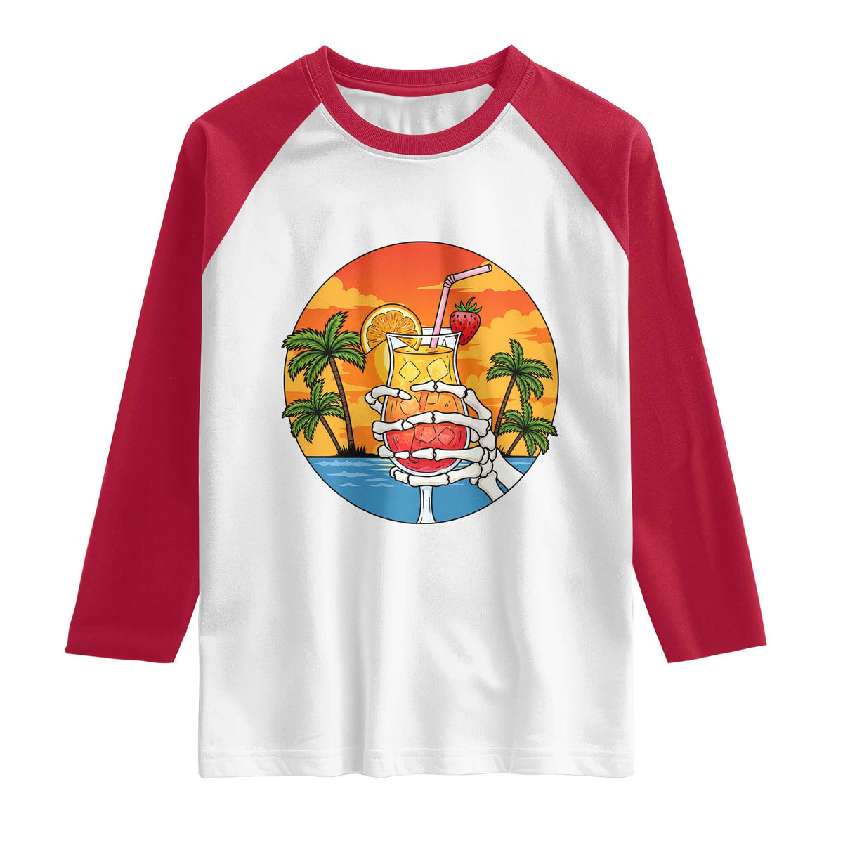 Tropical Skeleton Summerween Raglan Shirt Beach Cocktail Vacation TS12 White Red Print Your Wear
