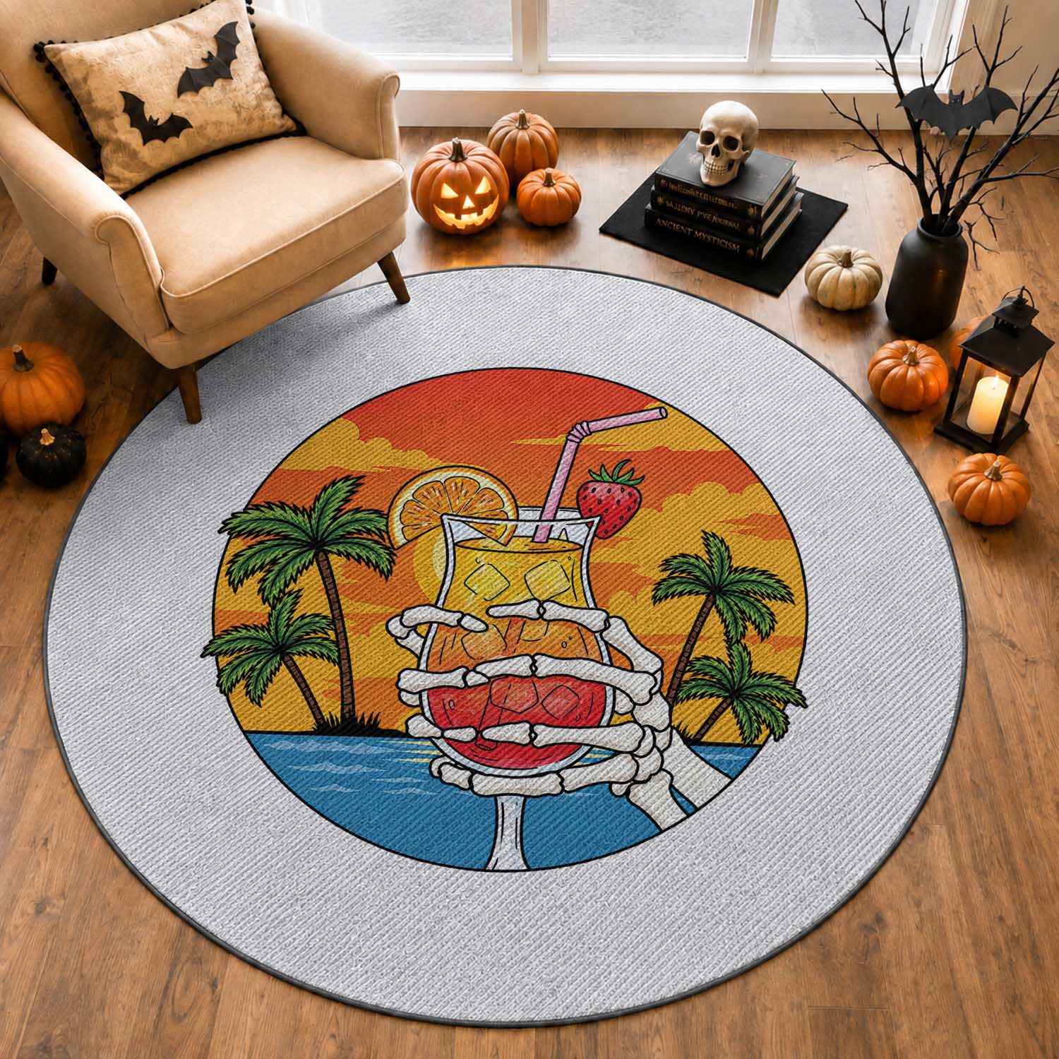 Tropical Skeleton Summerween Round Rug Beach Cocktail Vacation