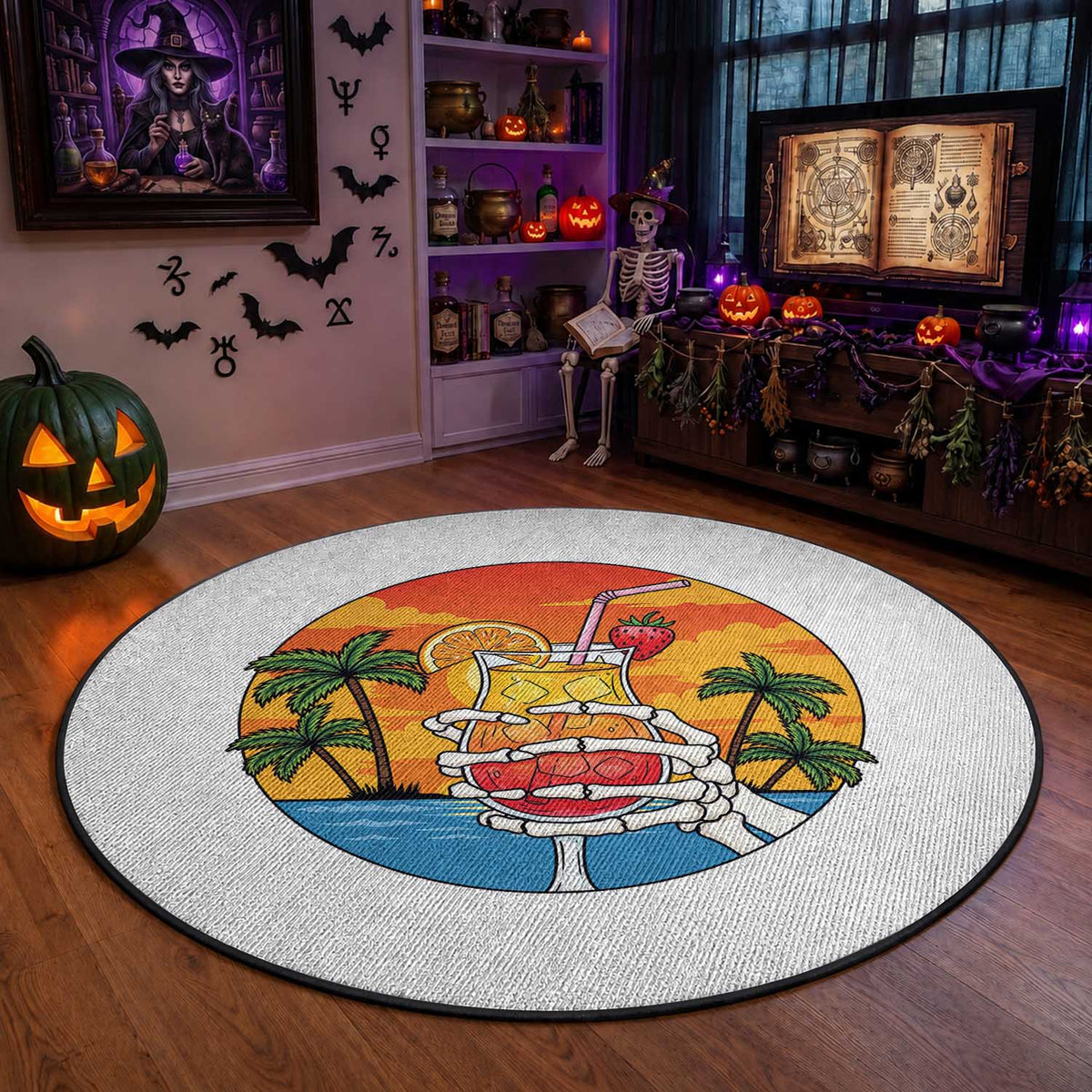 Tropical Skeleton Summerween Round Rug Beach Cocktail Vacation