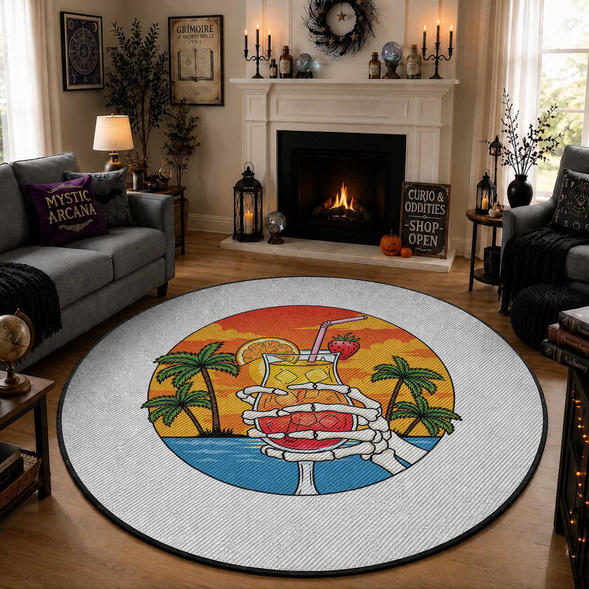 Tropical Skeleton Summerween Round Rug Beach Cocktail Vacation
