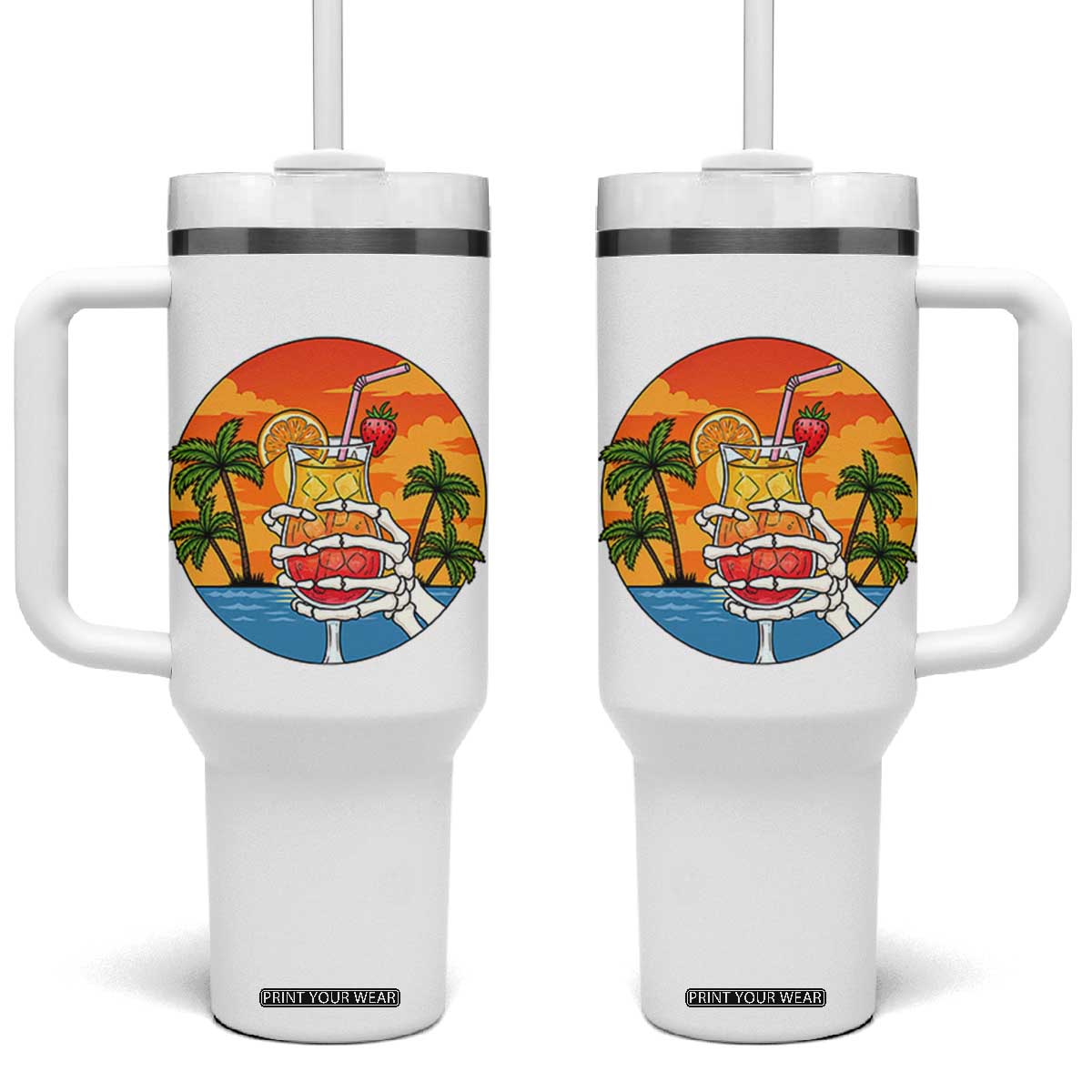 Tropical Skeleton Summerween Tumbler With Handle Beach Cocktail Vacation TS12 One Size: 40 oz White Print Your Wear
