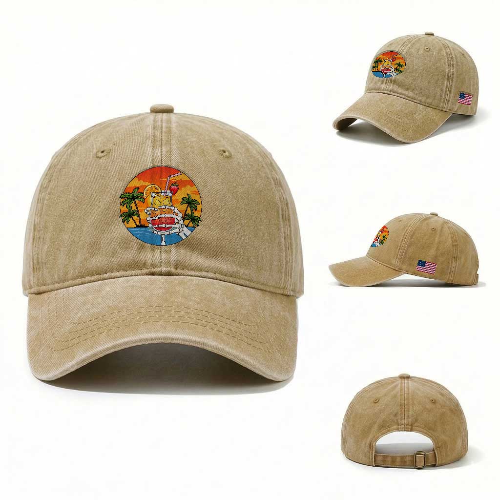 Tropical Skeleton Summerween Washed Cotton Baseball Cap Beach Cocktail Vacation TS12 Washed Cap Universal Fit Khaki Print Your Wear