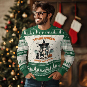 Witchy Beach Summerween Vacation Ugly Christmas Sweater Chillin And Thrillin TS12 Beige Green Print Your Wear
