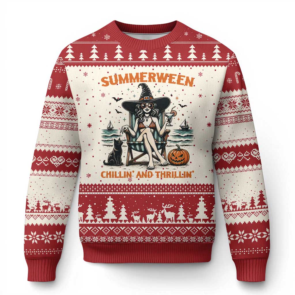 Witchy Beach Summerween Vacation Ugly Christmas Sweater Chillin And Thrillin TS12 Beige Red Print Your Wear