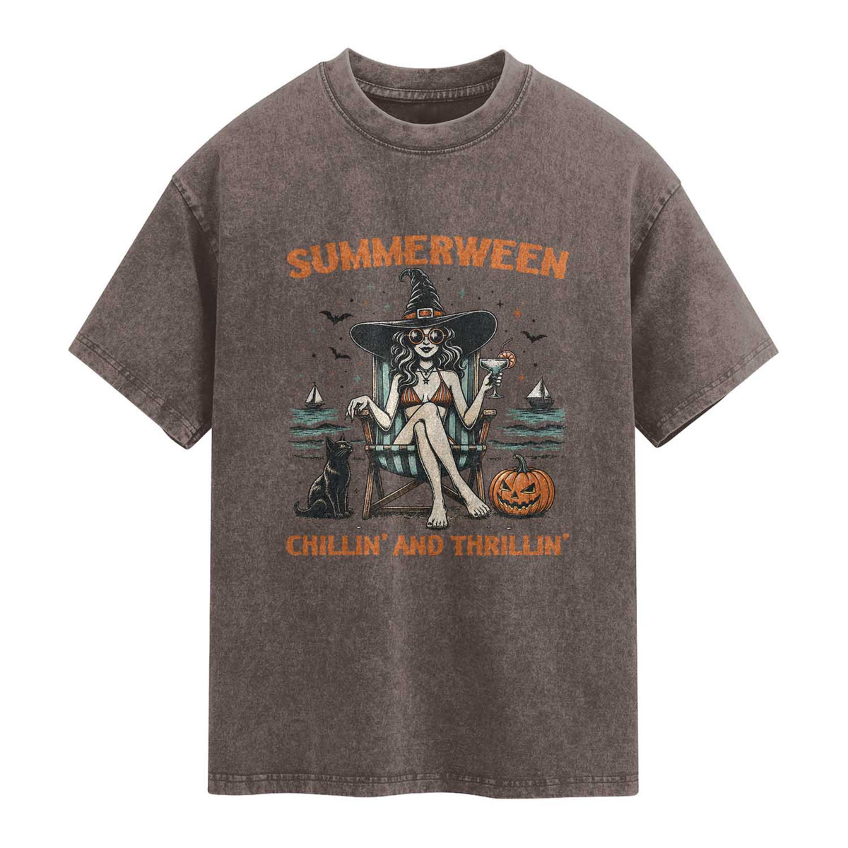 Witchy Beach Summerween Vacation Washed Cotton T-Shirt Chillin And Thrillin