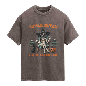 Witchy Beach Summerween Vacation Washed Cotton T-Shirt Chillin And Thrillin