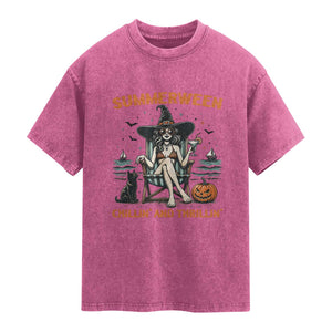 Witchy Beach Summerween Vacation Washed Cotton T-Shirt Chillin And Thrillin