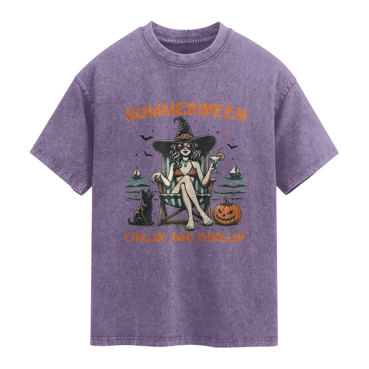 Witchy Beach Summerween Vacation Washed Cotton T-Shirt Chillin And Thrillin
