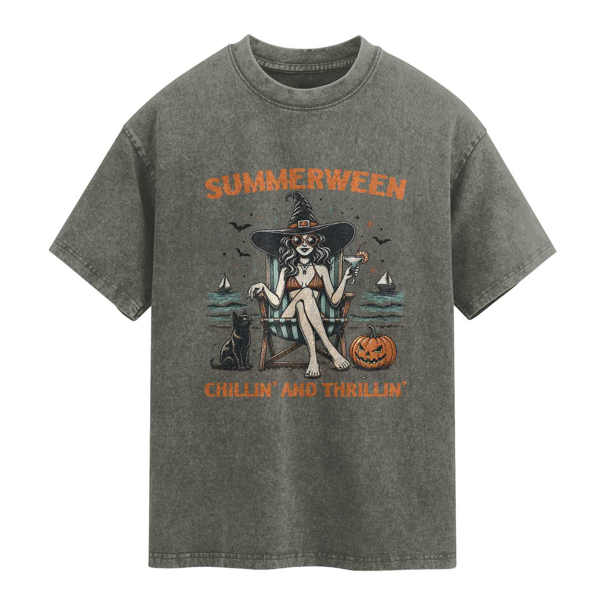 Witchy Beach Summerween Vacation Washed Cotton T-Shirt Chillin And Thrillin