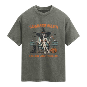 Witchy Beach Summerween Vacation Washed Cotton T-Shirt Chillin And Thrillin