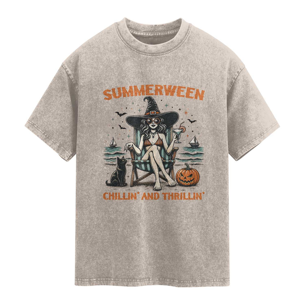 Witchy Beach Summerween Vacation Washed Cotton T-Shirt Chillin And Thrillin