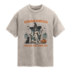 Witchy Beach Summerween Vacation Washed Cotton T-Shirt Chillin And Thrillin