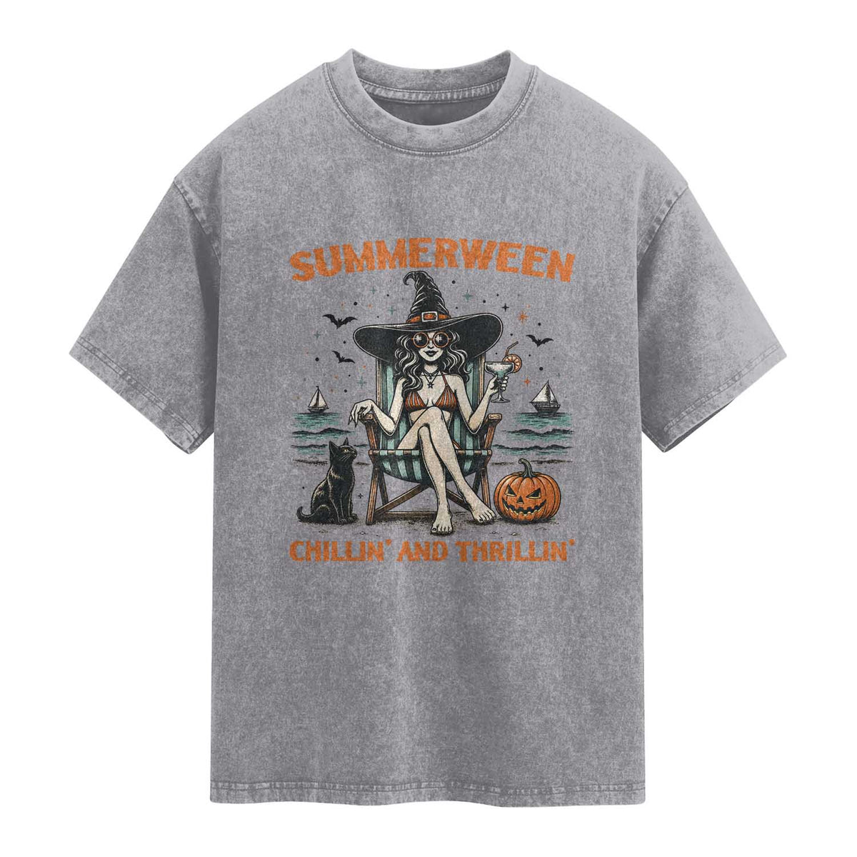 Witchy Beach Summerween Vacation Washed Cotton T-Shirt Chillin And Thrillin
