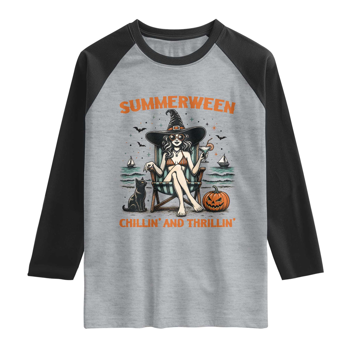 Witchy Beach Summerween Vacation Raglan Shirt Chillin And Thrillin TS12 Heather Gray Black Print Your Wear
