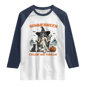 Witchy Beach Summerween Vacation Raglan Shirt Chillin And Thrillin TS12 White Navy Print Your Wear