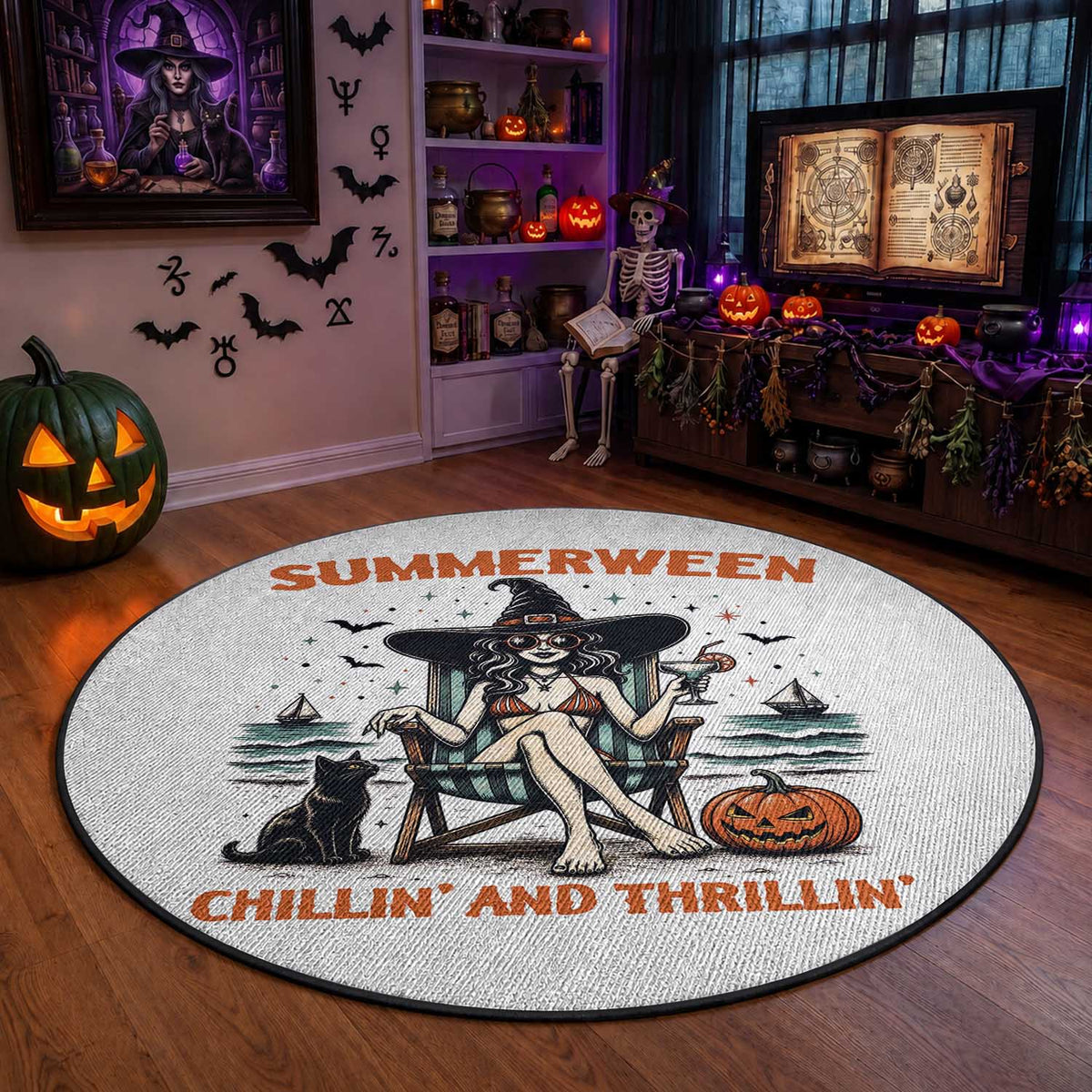 Witchy Beach Summerween Vacation Round Rug Chillin And Thrillin
