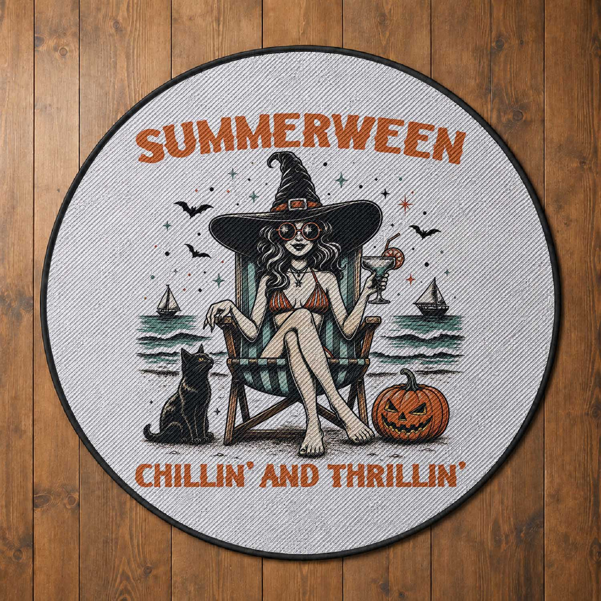 Witchy Beach Summerween Vacation Round Rug Chillin And Thrillin