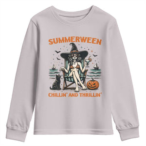Witchy Beach Summerween Vacation Youth Sweatshirt Chillin And Thrillin TS12 Ice Gray Print Your Wear