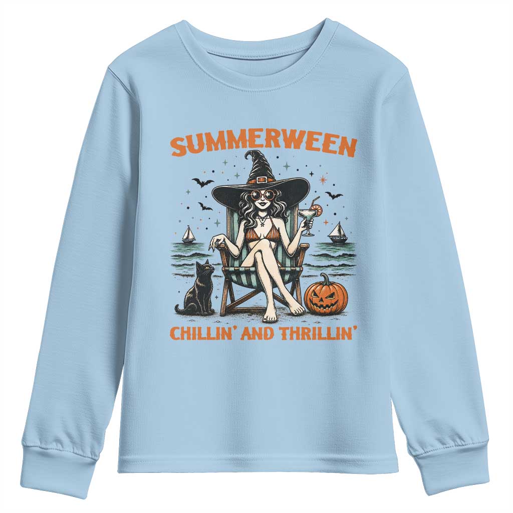 Witchy Beach Summerween Vacation Youth Sweatshirt Chillin And Thrillin TS12 Light Blue Print Your Wear