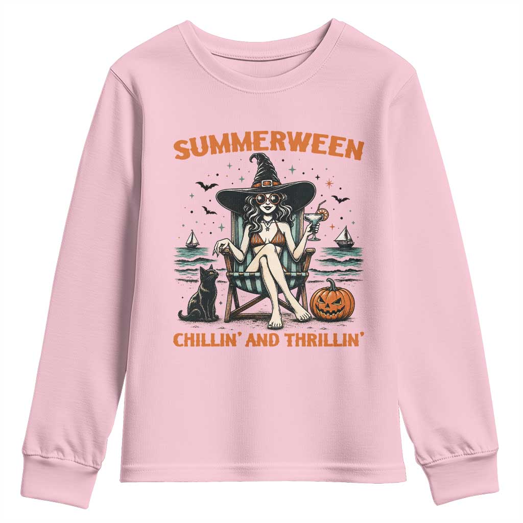 Witchy Beach Summerween Vacation Youth Sweatshirt Chillin And Thrillin TS12 Light Pink Print Your Wear