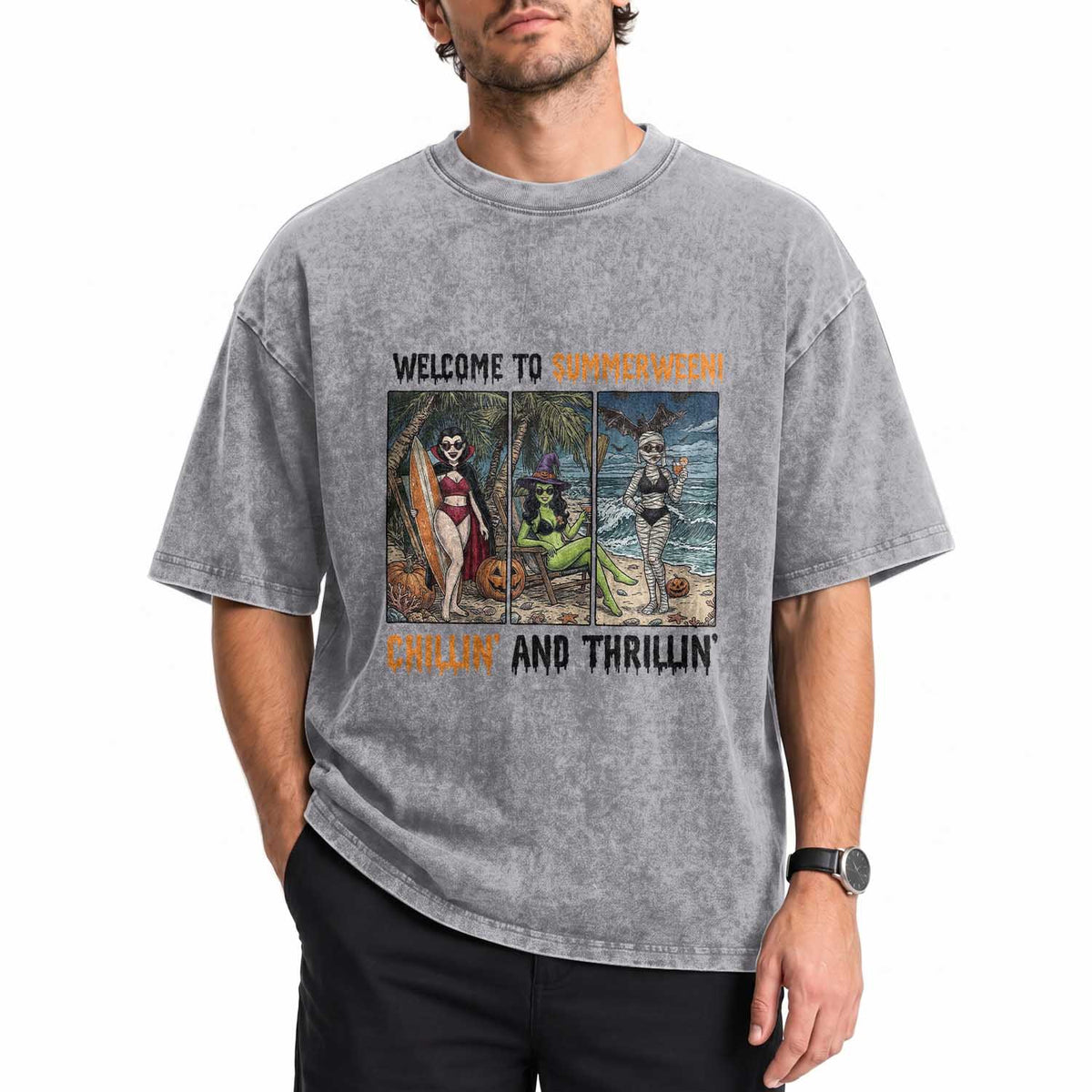 Welcome To Summerween Chillin And Thrillin Washed Cotton T-Shirt Funny Summer Halloween