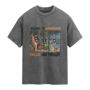 Welcome To Summerween Chillin And Thrillin Washed Cotton T-Shirt Funny Summer Halloween
