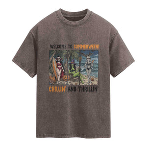 Welcome To Summerween Chillin And Thrillin Washed Cotton T-Shirt Funny Summer Halloween