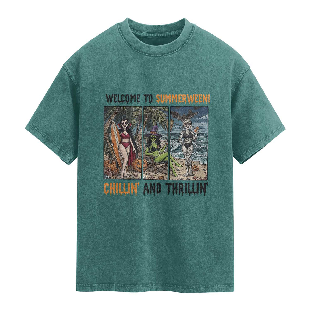 Welcome To Summerween Chillin And Thrillin Washed Cotton T-Shirt Funny Summer Halloween