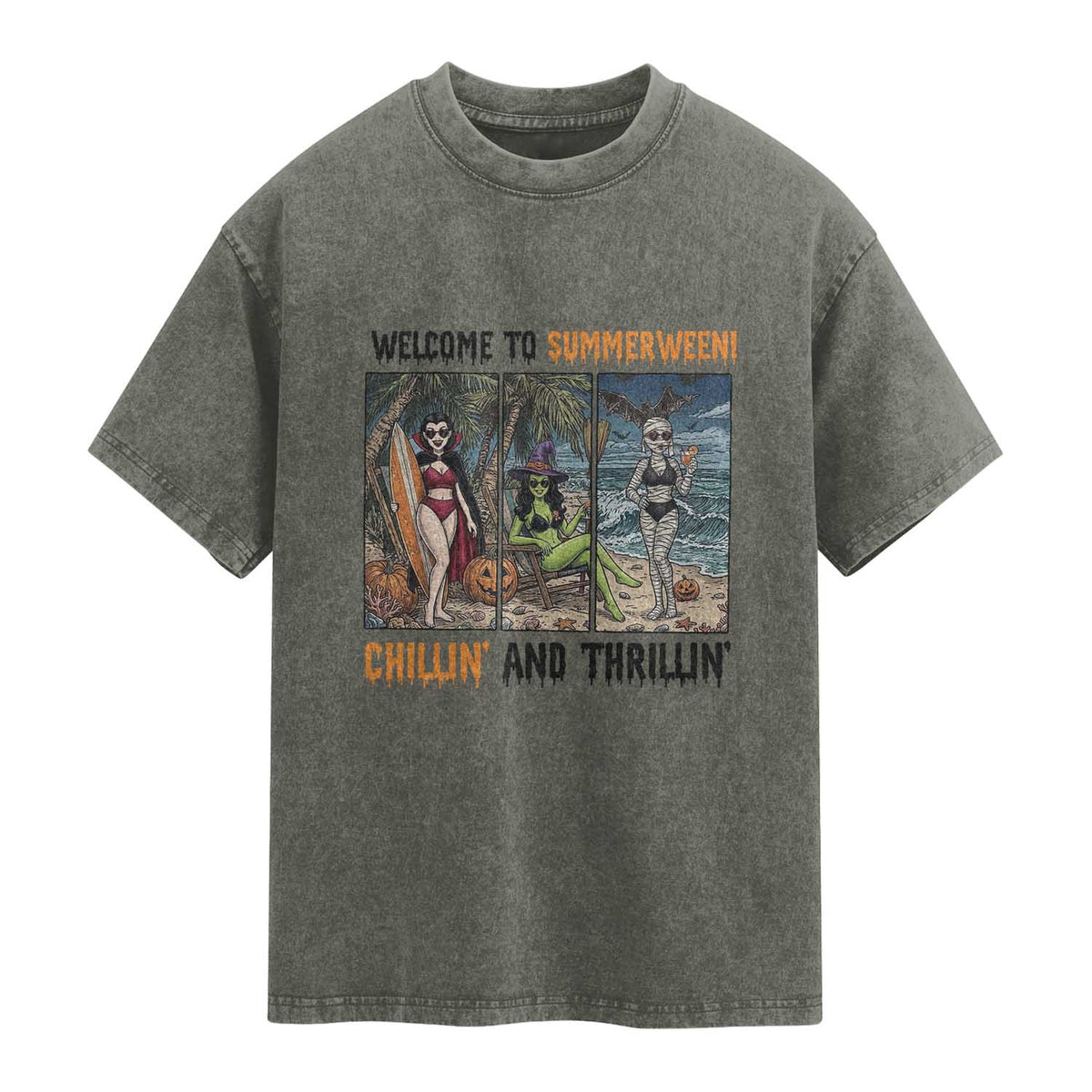 Welcome To Summerween Chillin And Thrillin Washed Cotton T-Shirt Funny Summer Halloween