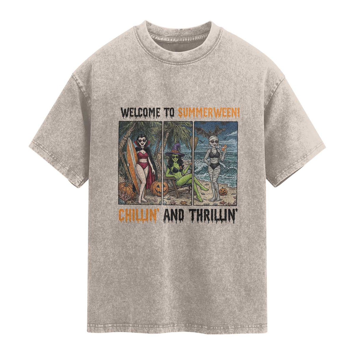 Welcome To Summerween Chillin And Thrillin Washed Cotton T-Shirt Funny Summer Halloween