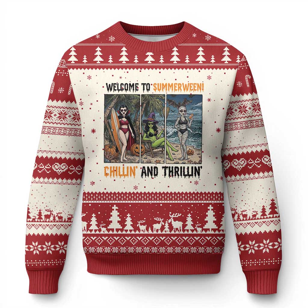 Welcome To Summerween Chillin And Thrillin Ugly Christmas Sweater Funny Summer Halloween TS12 Beige Red Print Your Wear