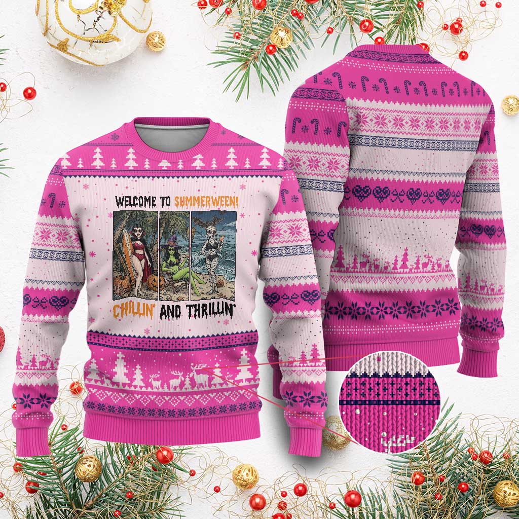 Welcome To Summerween Chillin And Thrillin Ugly Christmas Sweater Funny Summer Halloween TS12 Hot Pink Print Your Wear