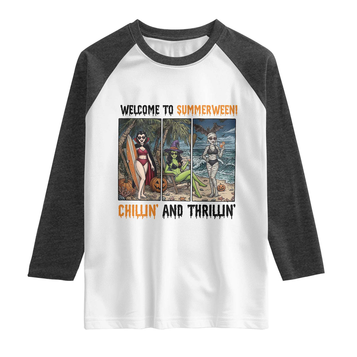 Welcome To Summerween Chillin And Thrillin Raglan Shirt Funny Summer Halloween TS12 White Heather Charcoal Print Your Wear