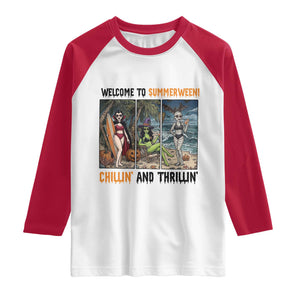 Welcome To Summerween Chillin And Thrillin Raglan Shirt Funny Summer Halloween TS12 White Red Print Your Wear
