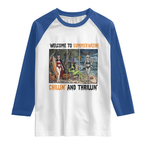 Welcome To Summerween Chillin And Thrillin Raglan Shirt Funny Summer Halloween TS12 White Royal Print Your Wear