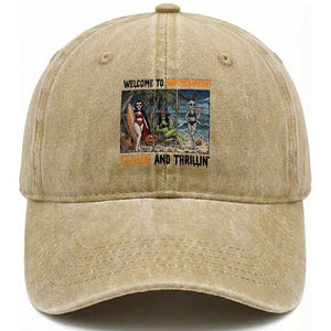 Welcome To Summerween Chillin And Thrillin Washed Cotton Baseball Cap Funny Summer Halloween TS12 Print Your Wear